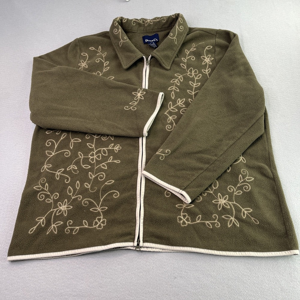 Denim & Co. Green Fleece Jacket Embroidery Floral Design Zip Up Women's 3X